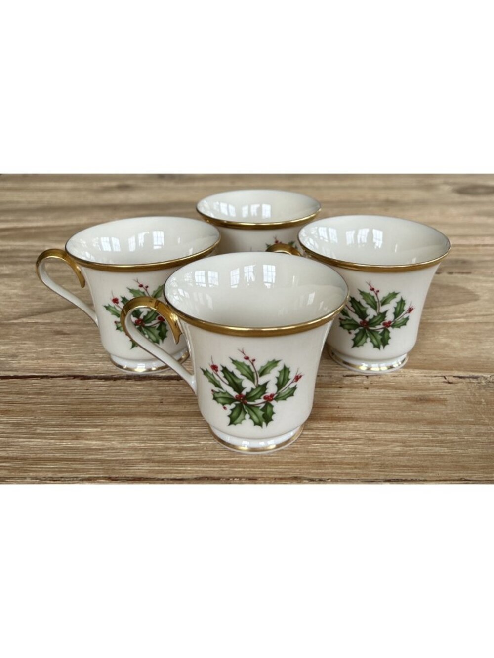 Lenox HOLIDAY Dimension Porcelain Teacup Set of 4 Gold Trim Green Holly USA MADE